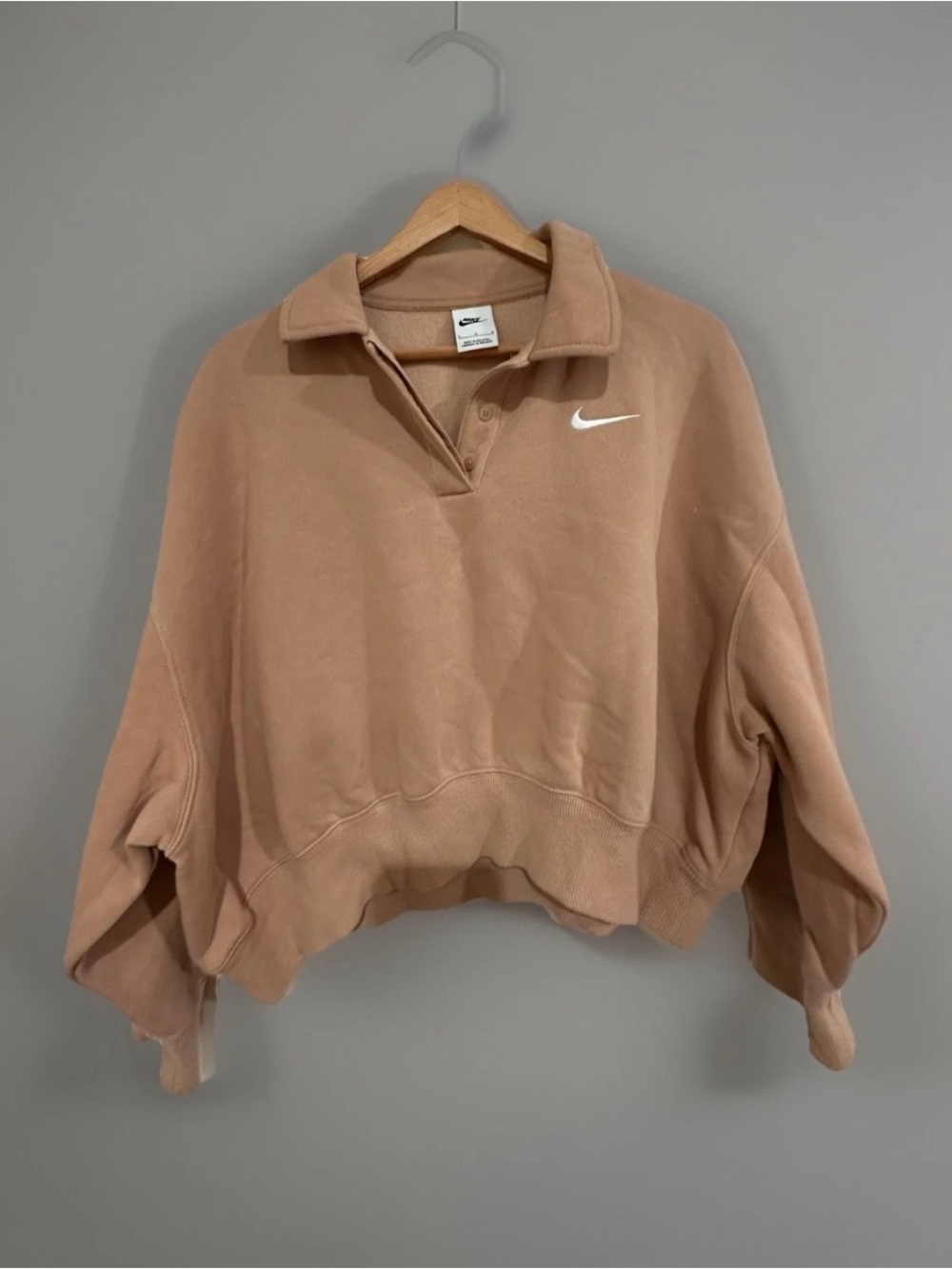 Nike Women's Cropped Polo Collar Sweatshirt in Tan with White Swoosh